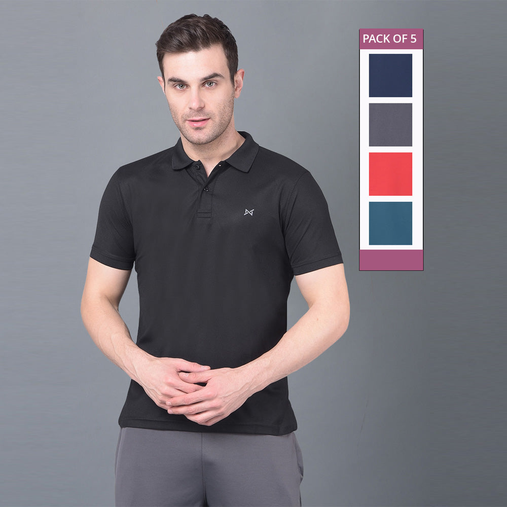 Anti Viral Anti Odour Cool Mens Pack of 5 Collared Polo Sports Solid T-Shirt