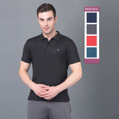 Anti Viral Anti Odour Cool Mens Pack of 5 Collared Polo Sports Solid T-Shirt