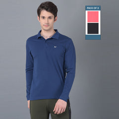 Force NXT Super Combed Cotton Mens Pack of 3 Collared Long sleeve Polo T-Shirt