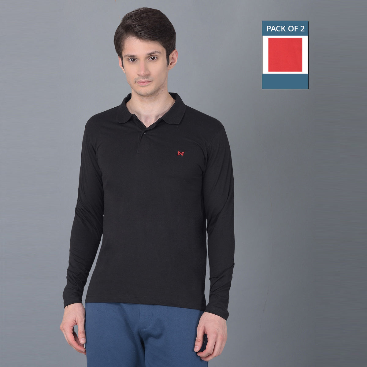 Force NXT Super Combed Cotton Mens Pack of 2 Collared Long sleeve Polo T-Shirt