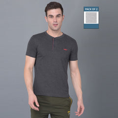 Force NXT Super Combed Cotton Mens Pack of 2 Henley Solid T-Shirt