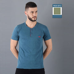 Force NXT Super Combed Cotton Mens Pack of 2 Henley Solid T-Shirt