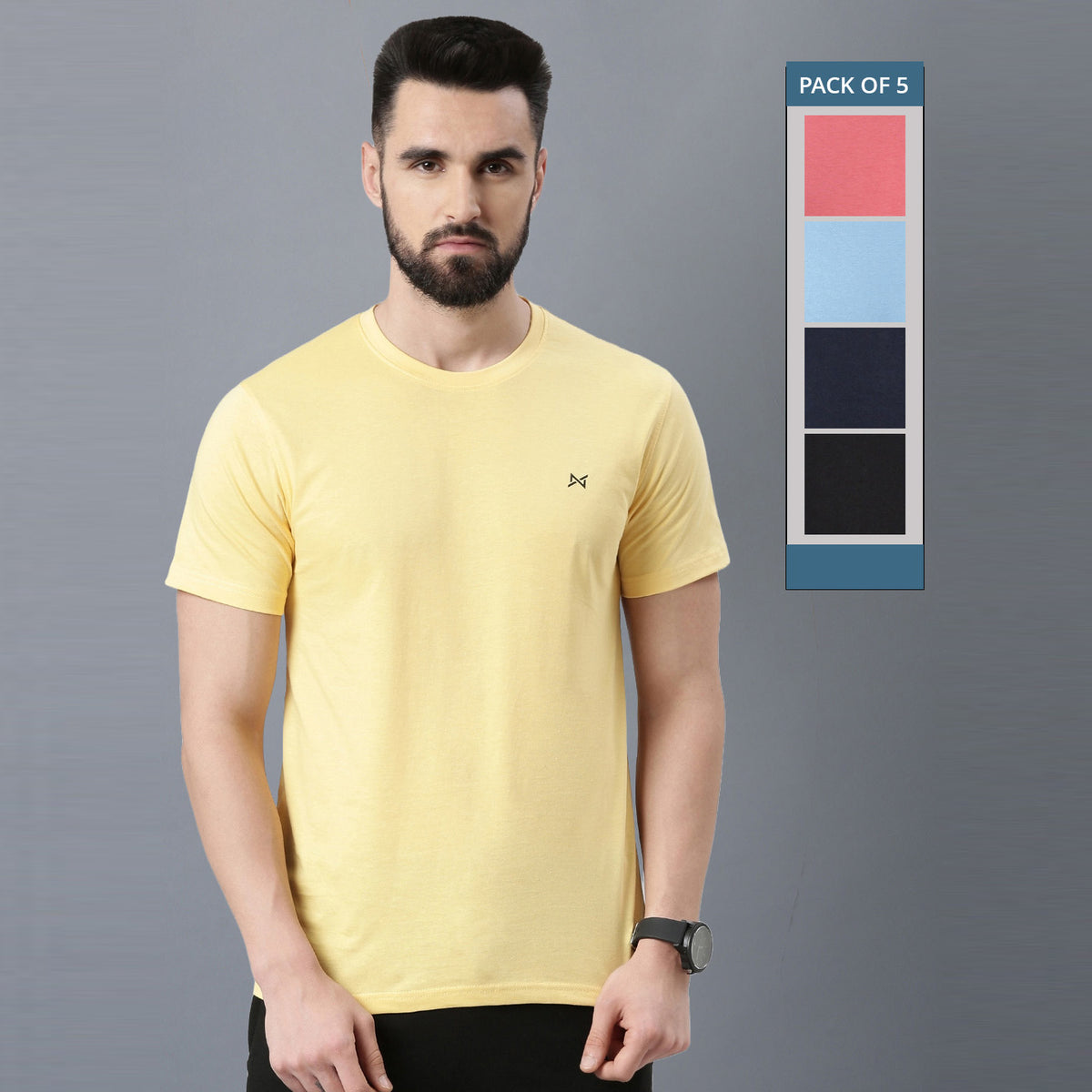 Force NXT Super Combed Cotton Mens Round Neck Pack of 5 Solid T-Shirt
