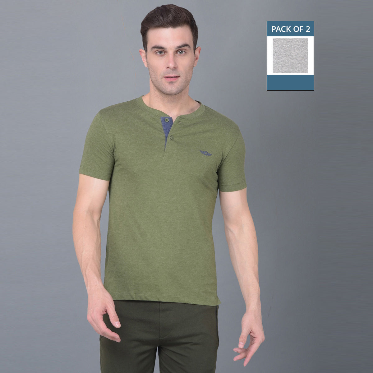 Force NXT Super Combed Cotton Mens Pack of 2 Henley Solid T-Shirt