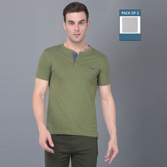 Force NXT Super Combed Cotton Mens Pack of 2 Henley Solid T-Shirt