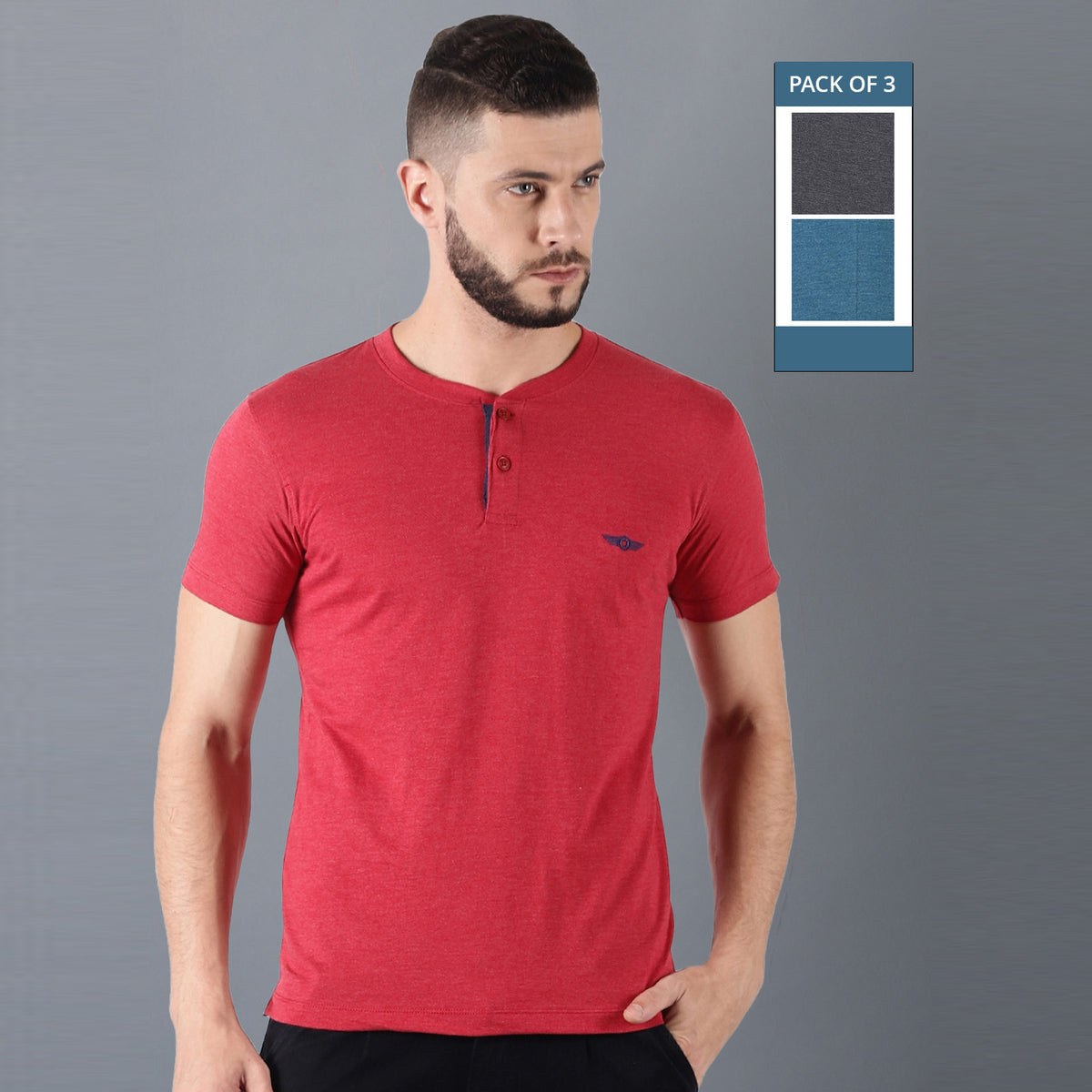 Force NXT Super Combed Cotton Mens Pack of 3 Henley Solid T-Shirt