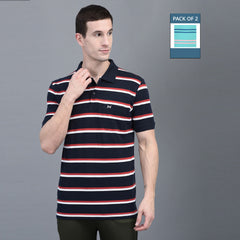 Force NXT Super Combed Cotton Mens Pack Of 2 Collared Polo Striped T-Shirt