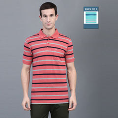 Force NXT Super Combed Cotton Mens Pack Of 2 Collared Polo Striped T-Shirt
