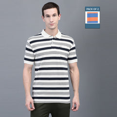Force NXT Super Combed Cotton Mens Pack Of 2 Collared Polo Striped T-Shirt